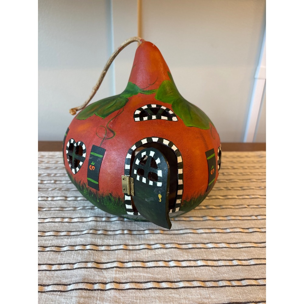 Signed Hand Painted Gourd Birdhouse Fairy House Pumpkin Folk Art 9in